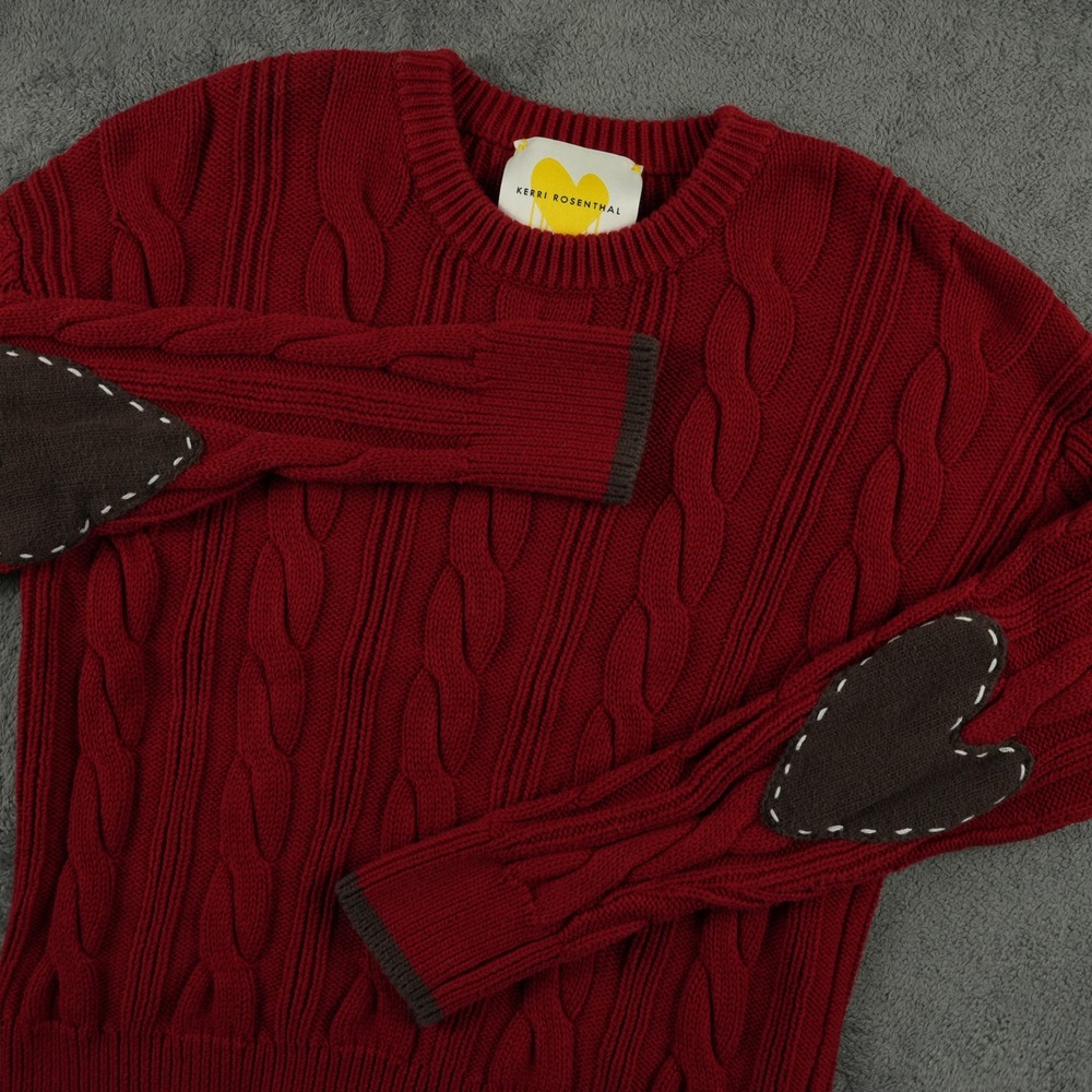 Kerri Rosenthal Sweater Womens‎ S Red Cable Knit Heart Elbow Patch Crew Neck